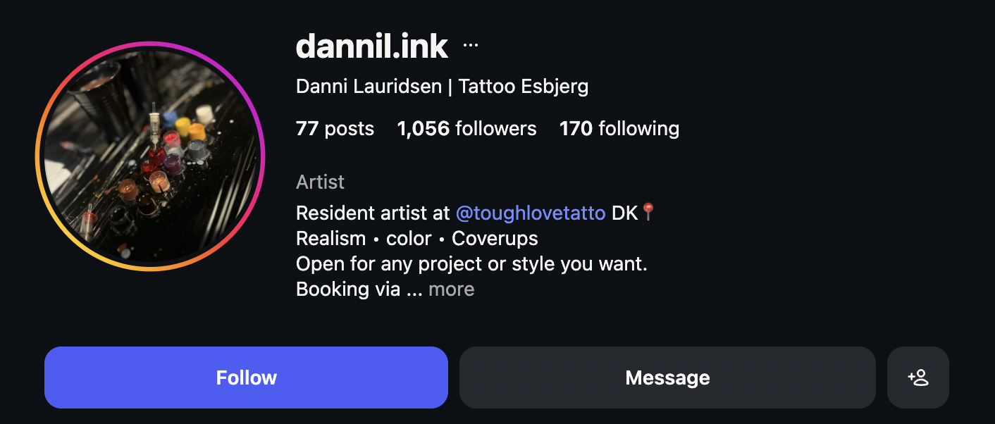 @dannil.ink — Danni, resident artist ved Tough Love Tattoo i Esbjerg